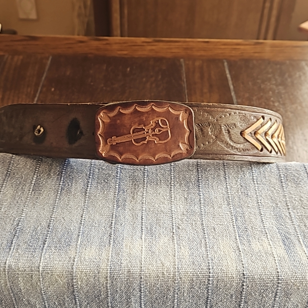 Vintage Handmade Tooled/Stamped Leather Belt with Guitar/Fiddle Buckle